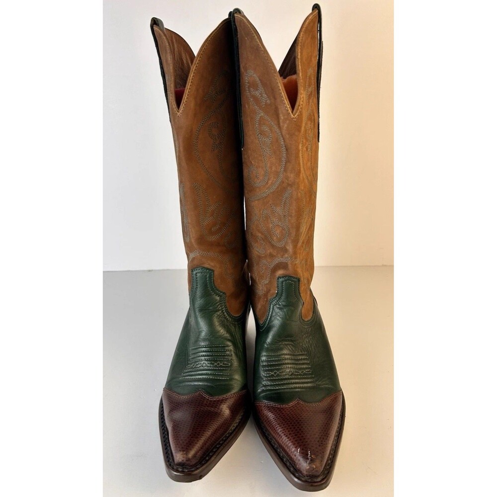 Nine West Vintage Women 7 Western Boots Used Green And Camel Cowgirl - Picture 2 of 10